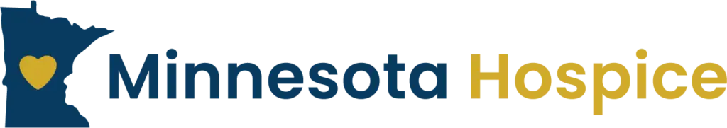 Minnesota Hospice logo with state outline and heart symbol, featuring blue and gold text