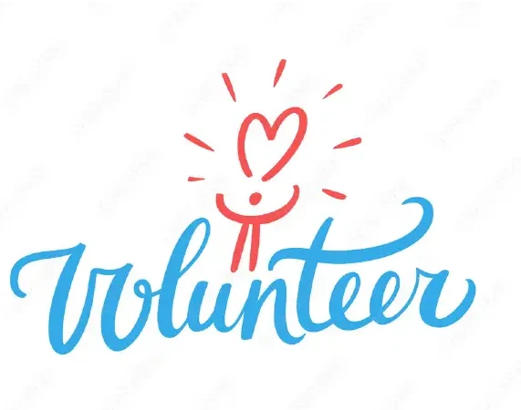 Volunteer graphic with red heart and blue cursive text, symbolizing community service and support.