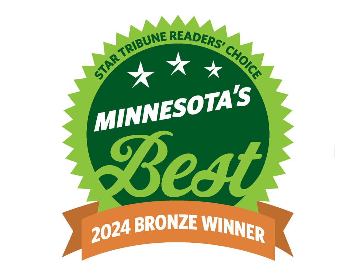 Star Tribune Readers' Choice 2024 Bronze Winner badge. Green circle with gold stars, orange ribbon.