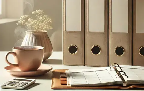 Cozy and organized office desk featuring a steaming coffee cup, a vase with flowers, beige binders, a calculator, and an open planner ready for a comforting day.