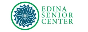 Edina Senior Center logo featuring a blue circular swirl design with a green border and text