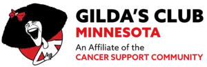 Gilda's Club Minnesota Cancer Support Community logo featuring a stylized laughing face with a red bow and bold red text