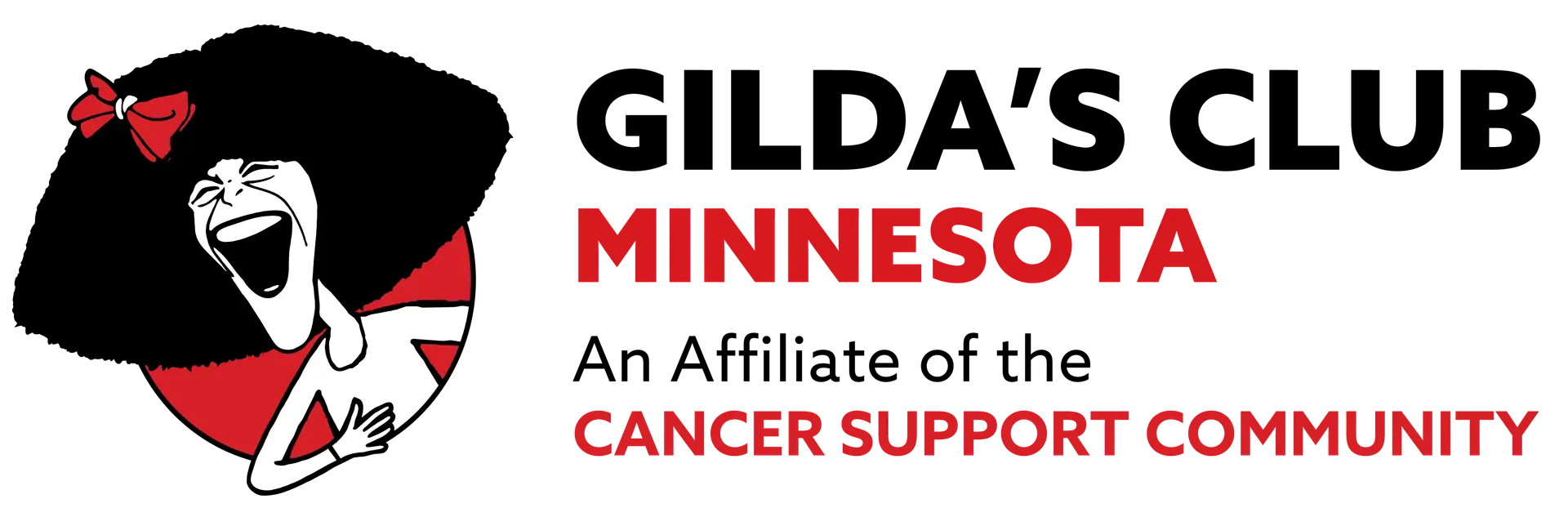 Gilda's Club Minnesota Cancer Support Community logo featuring a stylized laughing face with a red bow and bold red text
