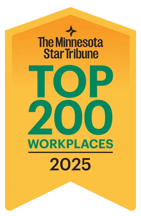 Minnesota Hospice recognized by the Star Tribune as a 2025 Top 200 Workplace, featured on a gold badge with green and black text.
