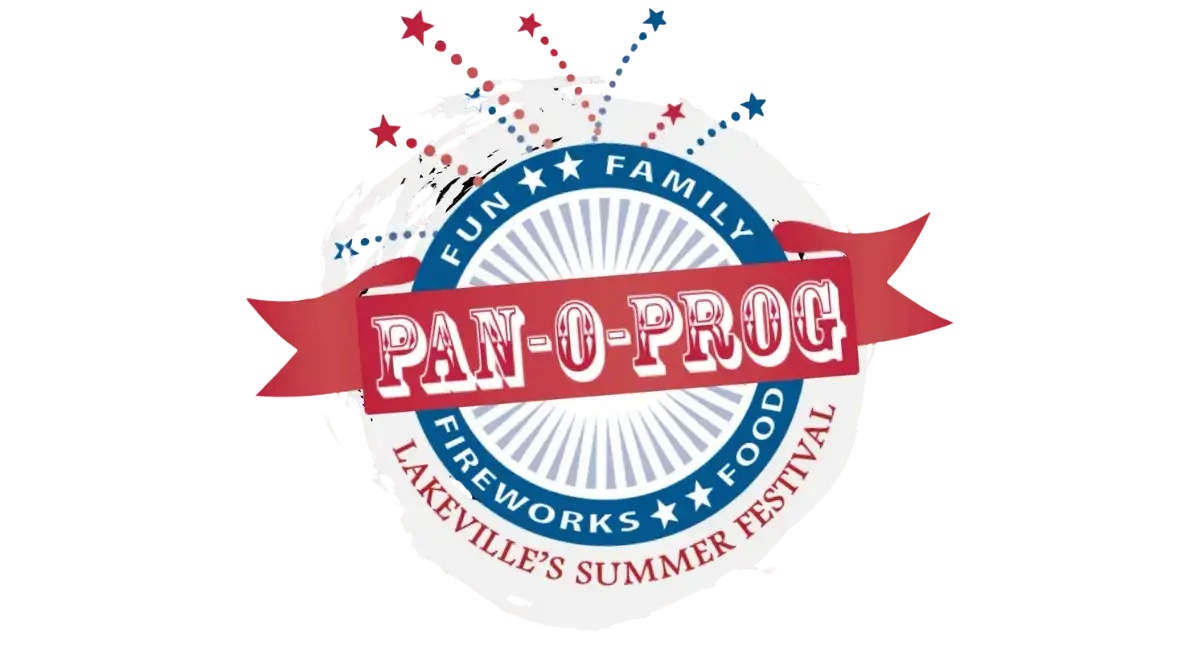 Pan-O-Prog logo for Lakeville’s summer festival, featuring fun, family, fireworks, food, and patriotic red, white, and blue design