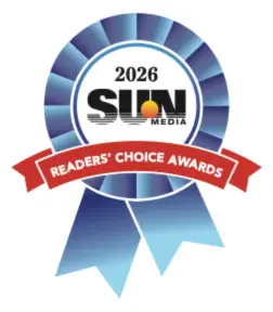Blue ribbon graphic for 2026 Sun Media Readers’ Choice Awards with red banner and circular SUN logo in the center.