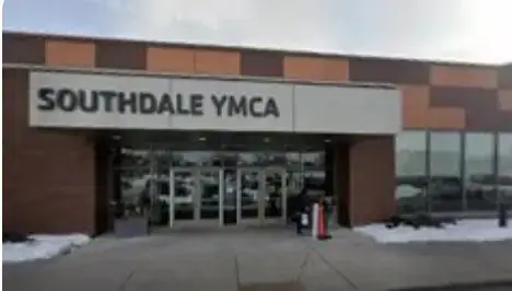 Entrance to Southdale YMCA in Edina, Minnesota, showing front doors, brick exterior, and building sign above the entry.