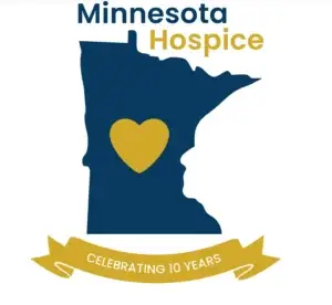 Minnesota Hospice 10-year anniversary logo with Minnesota outline, gold heart, and ribbon reading Celebrating 10 Years.