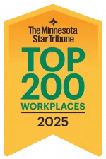 Minnesota Hospice recognized by the Star Tribune as a 2025 Top 200 Workplace, featured on a gold badge with green and black text.